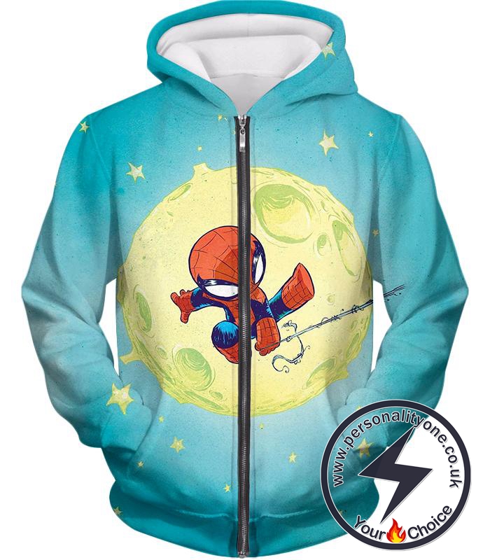 Cute Animated Spiderman Swinging Cool Blue Zip Up Hoodie